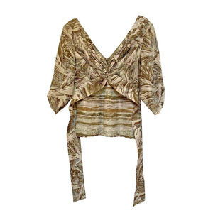 BCBG MaxAzria Silk Top Tan Watercolor Print 3/4 sleeves v-neck tieback dressy S